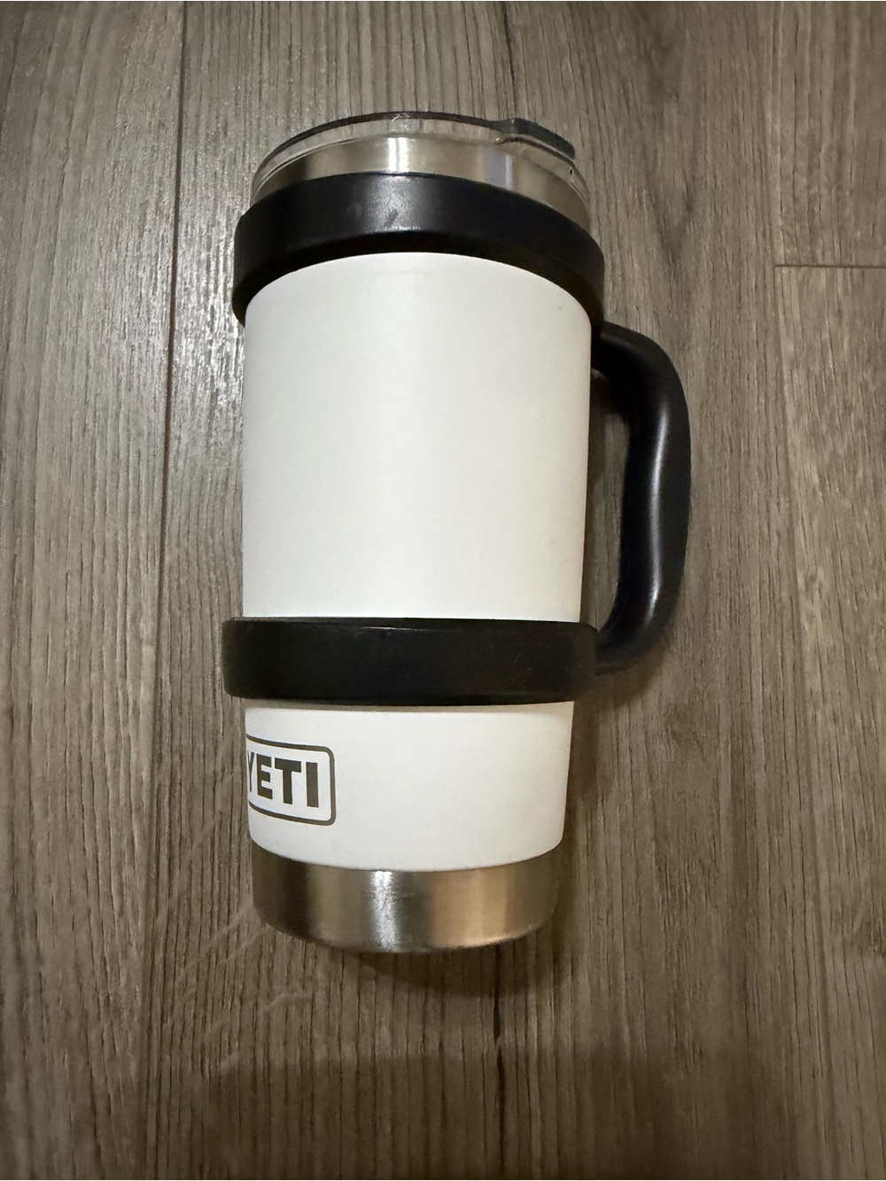 Yeti White Travel Mug with Black Handle and Bands